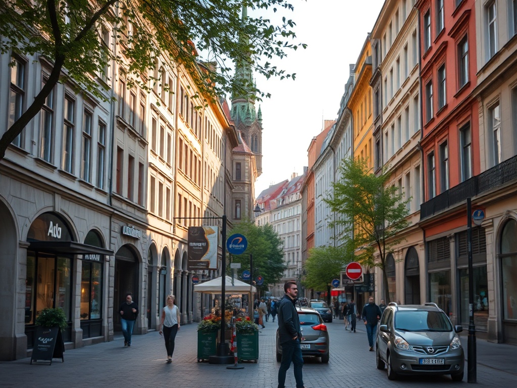 Ilustracja przedstawiająca zielone miasto Poznań z elementami ekologicznej infrastruktury i aktywnymi mieszkańcami, symbolizująca Plan działań na rzecz zrównoważonej energii i klimatu.