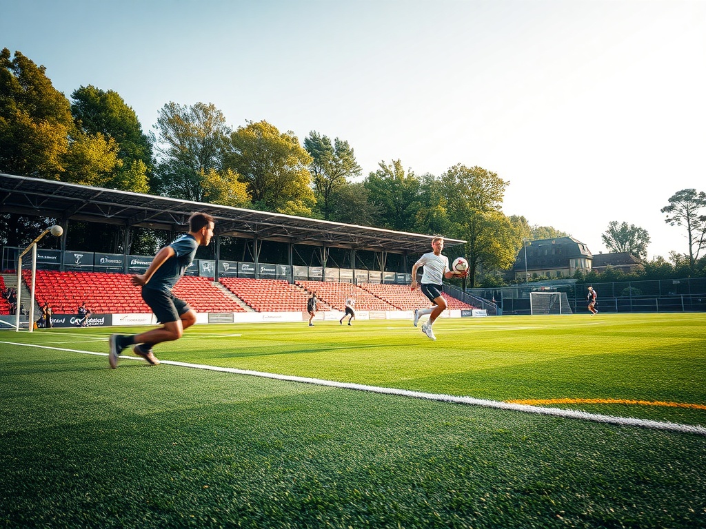 Ilustracja przedstawiająca boisko piłkarskie i fragment Toru Poznań, symbolizująca sportową rywalizację i rozwój infrastruktury w Poznaniu.