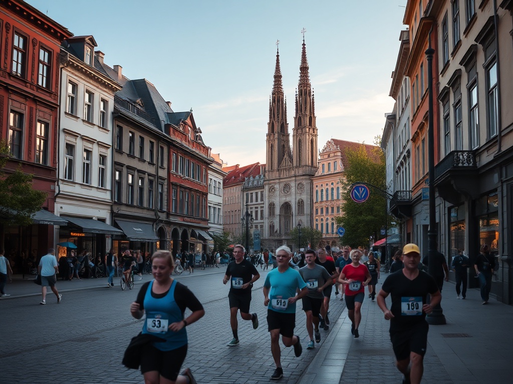 Uczestnicy biegnący podczas PKO Poznań Półmaratonu, obok grafika symbolizująca debatę o nocnej sprzedaży alkoholu w Poznaniu.