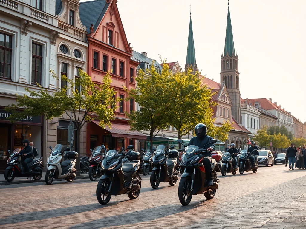 Ilustracja przedstawiająca motocyklistów i symbolicznie przestrzeń miejską Poznania