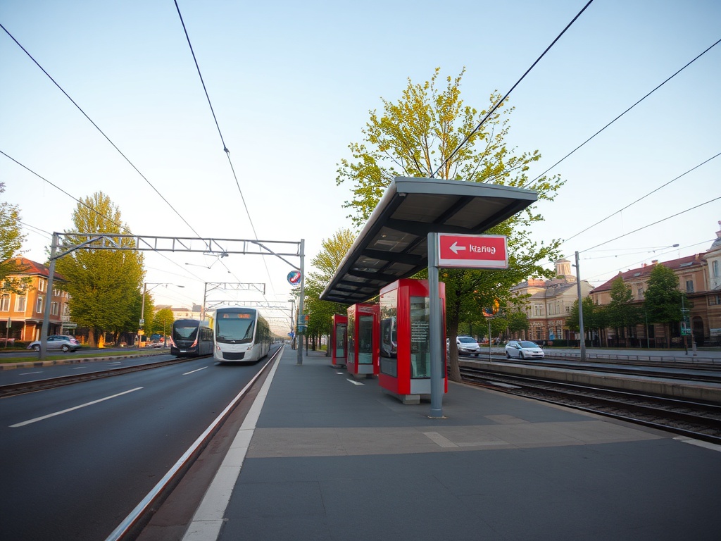Grafika przedstawiająca przystanek tramwajowy w Poznaniu z młodymi ludźmi, symbolizująca dyskusję o darmowej komunikacji dla młodych.