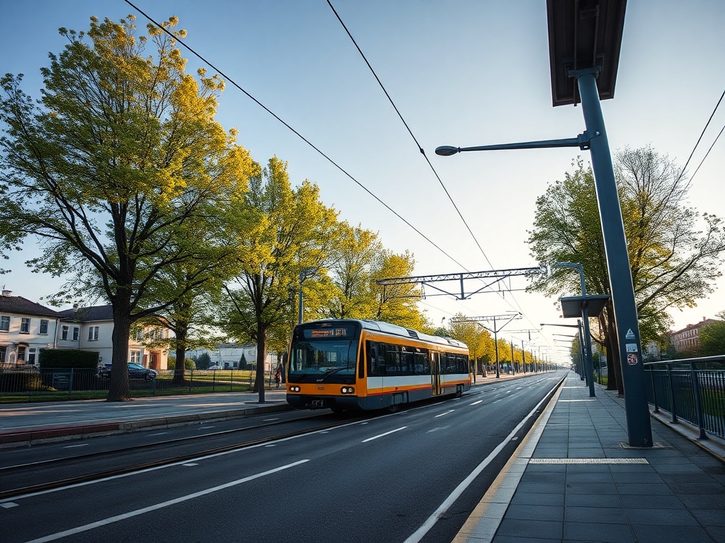 Ilustracja przedstawiająca nowoczesny pociąg na tle odnowionej ulicy w Poznaniu, symbolizująca połączenie transportu i rewitalizacji